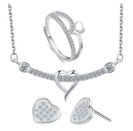 92.5 Silver Hearts with Stone Design Earring Ring and Necklace Set