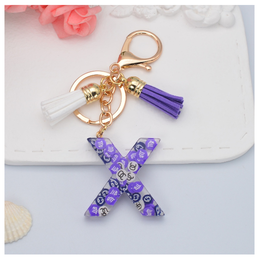 New 26 Letters Constellation Symbol Slice Resin Keychain Charms Women Handbag Ornaments With Tassel Key Ring Accessories Gift X