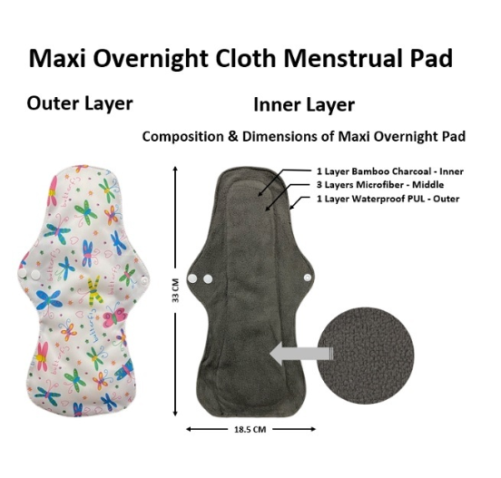 Maxi Overnight Organic Bamboo Charcoal Waterproof Washable Reusable Napkin Heavy Flow Menstrual Pads MP20