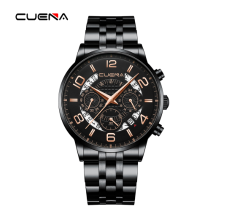 CUENA Original Brand New Men's Watch Luxury Automatic Calendar Fashion Business Sports Stainless Steel Wristband Waterproof Watch BLACK ROSEGOLD