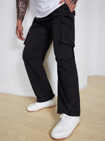 Manfinity Homme Men Plus Flap Pocket Side Cargo Loose Pants Straight Leg Long Drawstring Plain Black Going Out Size