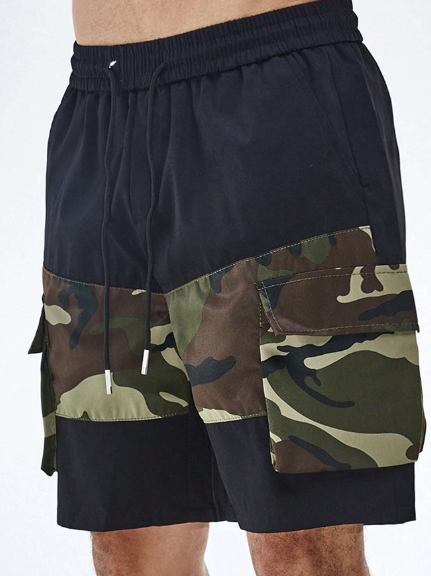 Manfinity EMRG Men Casual Camouflage Patchwork Drawstring Waist Cargo Camo Shorts For Spring/Summer