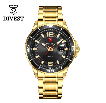 DIVEST Brand Luxury Mens Watches Fashion Waterproof Quartz Casual Male Military Original Calendar Men's Watches 9025 GOLD BLACK