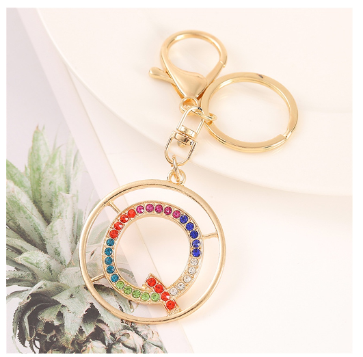 Colorful Rhinestone A-Z Letter Keychain Hollow Round Initials Alloy Keyring Bag Pendant Ornament DIY Accessories Charms Gift Q