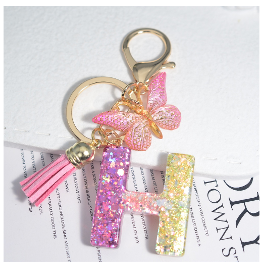 Glitter Sequin Filled 26 Letter Keychain With Tassel Exquisite Butterfly A-Z Alphabet Keyrings Women Bag Pendant Ornaments Gifts H