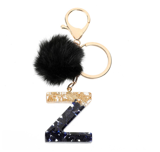 New Black Pompom 26 English Alphabet Resin With Gold Foil Keychain Charms Exquisite Letter Keyring Z