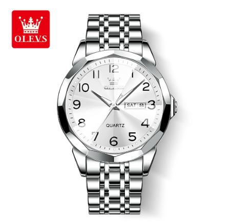 Olevs Watch For Men Waterproof Original Quartz Luminous Calendar Stainless Steel Watch WHITE DIAL SILVER CASE STRAP