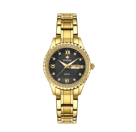 Wwoor Luxury Women Watches Waterproof Quartz Wristwatch Analog Clock Stainless Steel Strap Ladies Watch  BLACK  DIAL GOLD CASE STRAP