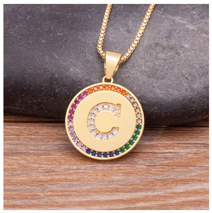 New Arrival Luxury A-Z Initial 26 Letters Pendant Charm Chain Necklaces High Quality Zircon Rainbow Jewelry C
