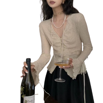 Lovito Women Button Lace Up Blouse Lna17214 (Apricot)