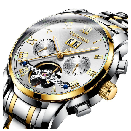 Original TEVISE Watch for men Waterproof watch Automatic Multifunction Chronograph Calendar Month Week Gold Luxury Stainless 3