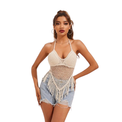 Lovito Boho Plain Lace Up Backless Tassel Crop Knit Tops For Women L13X026 (Beige)