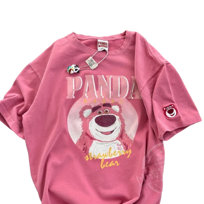 Lovito Casual Cartoon Strawberry Bear Letter T-Shirts for Women LNE16051 (Hot Pink)