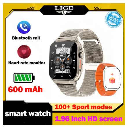 LIGE Call Smart Watch Men 1.96 Inch Full Touch 600mAh Battery Watch Sport Waterproof Fitness Support Recording Connect Music Watch MESH ROSE