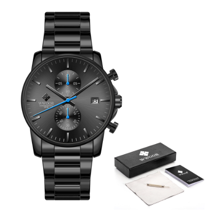 Wwoor Sports Watches Mens Luxury Brand Stainless Steel Quartz Watch Chronograph Date Wristwatch Business Male Watch BLACK BLUE