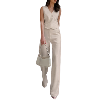 Lovito Women Casual Plain Button Front Asymmetrical Pants Set LNL35035 (Apricot/Black)