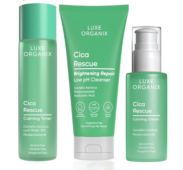 Luxe Organix Cica Rescue Calming Cleanser 150g & Toner 150ml & Cream 80ml Bundle