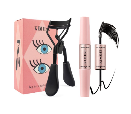 Kimuse 2Pcs 2in1 Waterproof Mascara Eyeliner + Black Eyelash Curler Eye Makeup Set