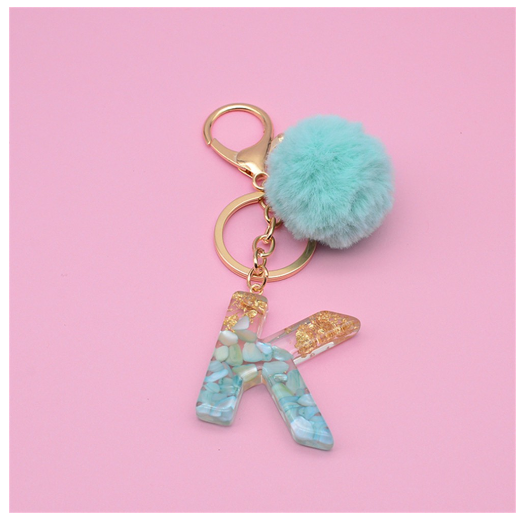 Cute Keyring Green Pompom Fur Ball 26 Letter Keychain Resin Key Chains Handbag Charms For Woman Ornaments Accessories Gift K
