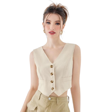 Lovito Vintage Plain Button Front V-neck Sleeveless Crop Tops for Women L49ED017 (Apricot)