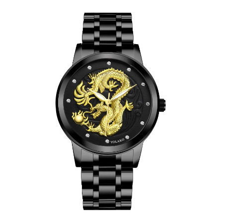 Fashion Men's Full Steel 3D Engraving Gold Dragon Quartz Waterproof Watch Men's Watch BLACK