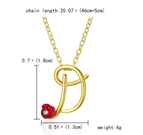 Fashion 26 Letter Necklace Ladies Red Rose Flower Clavicle Pendant Necklace Rhinestone Retro English Letter Necklace D