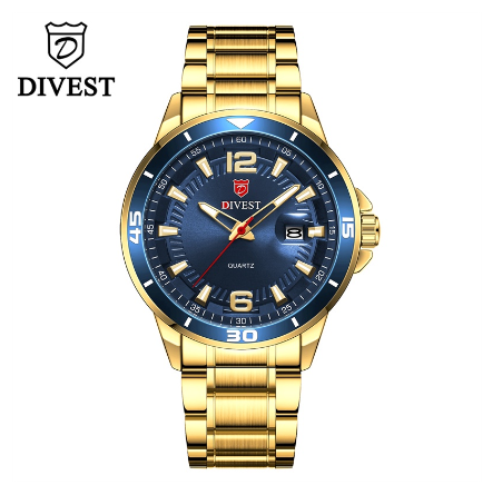 DIVEST Brand Luxury Mens Watches Fashion Waterproof Quartz Casual Male Military Original Calendar Men's Watches 9025 GOLD BLUE