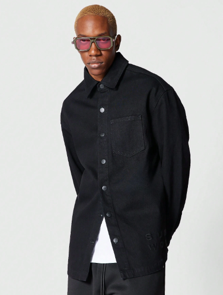 SUMWON Oversized Fit Denim Shirt With Embossed Graphic Print