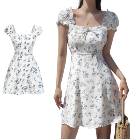 Lovito Women Lettuce Trim Lace Up Ditsy Floral Dress L62ED138 (White)