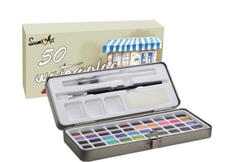SeamiArt 50 Colors Solid Watercolor Set With Tin Box And Water Brush Pen