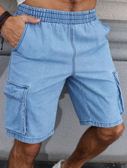 Manfinity Homme Men's Solid Color Simple Casual Pockets Cargo Denim Shorts