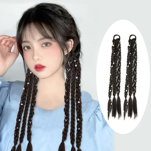 Strap-On Wig Sweet Cool Hot Girl Pearl Boxing Braid Double Ponytail Wig Braid Ponytail Three-strand Braid Fashion Hair Accessories