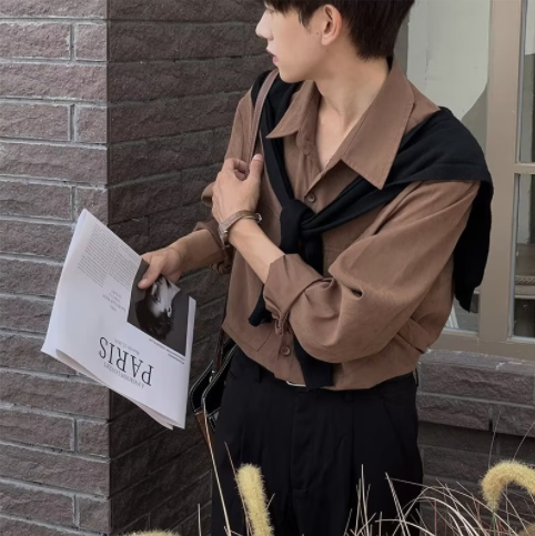New Texture Japanese Versatile Long -Sleeved Shirt For Male Thin Loose Solid Color Business Casual Shirt