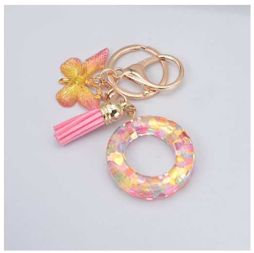Exquisite 26 Letter Resin Keychain with Pink Tassel Gradient Butterfly Pendant Key Ring Women Bag Ornaments Accessories O