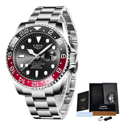 LIGE Men's Watch Stainless Steel Relo For Male Business Watches Waterproof Unisex WristWatch BLACK RED