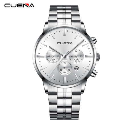 CUENA Men's Watch Original Brand Fashion Multifunction Luminous Business Sport Analog Quartz Stainless Steel Waterproof Watch SILVER WHITE
