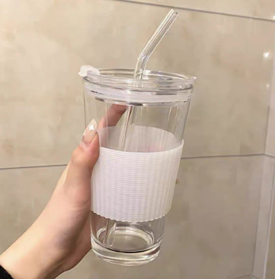 450mL Minimalist Glass Water Tumbler Tumblr Cup with Straw, Lid and Silicon Sleeve