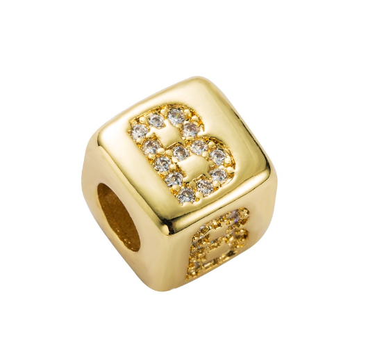 Gold Rhinestone Letters Cube Charm for Bracelet Necklace A-Z Alphabet Dice Beads B