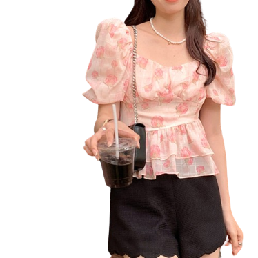 Lovito Women Elegant Floral Ruffle Hem Flowers Blouse LNL37142 (Pink)