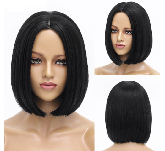 European and American Wig for Women Black Short Straight Hair Middle Part Bobo Head High Temperature Silk Chemical Fiber Full Head Cover Wigs