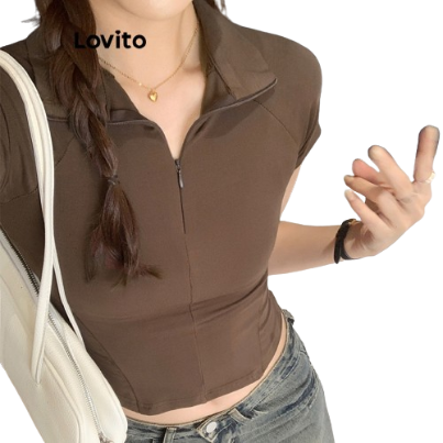 Lovito Women Casual Plain Zipper T-Shirt LNE27247 (Coffee)