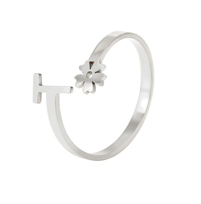 Stainless Steel A-Z Letter Ring For Women Girl Flower 26 Initial Name Adjustable Ring Trendy Birthday Jewelry Gift T