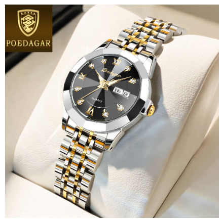 POEDAGAR luxury watch for woman waterproof 2023 sale original korean style business stainless steel luminous calendar wristwatch GOLD BLACK
