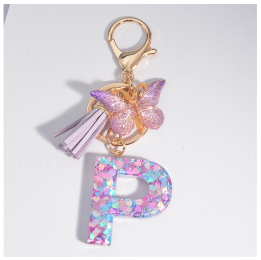 Sweet Heart Sequin Filled A-Z Letter Keychains With Tassel Fashion Butterfly 26 Alphabet Keyring Car Keyholder Birthday Gifts P