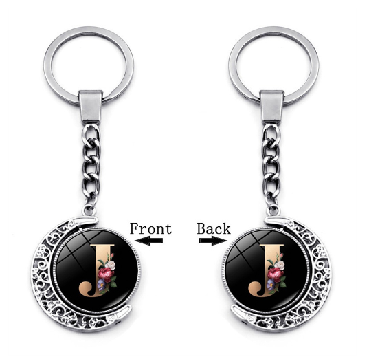 1PC Exquisite 26 Letter Glass Keychains Double Sides Moon Flower A-Z Initials Keyrings Handbag Charms Ornaments Gifts J