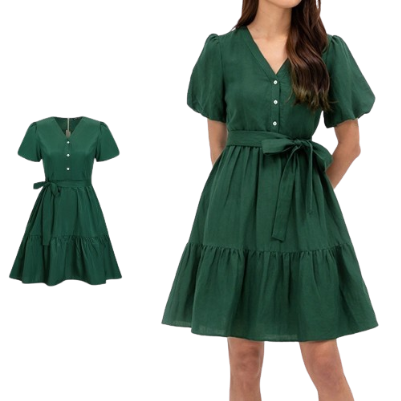 Lovito Women Casual Plain Button Front Belted Puff Sleeve Dress L71ED139 (Dark Green)