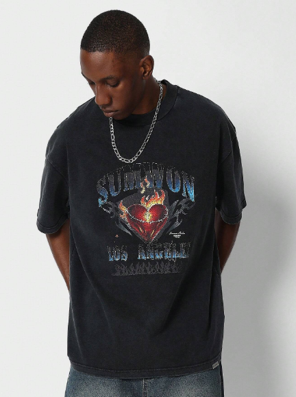 SUMWON Washed Tee With Heart Flame And Los Angeles Graphic Print College Ready