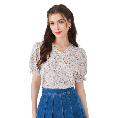 Lovito Casual Floral Puff Sleeve V Neck Blouse for Women L54ED012 (Multi-Color)