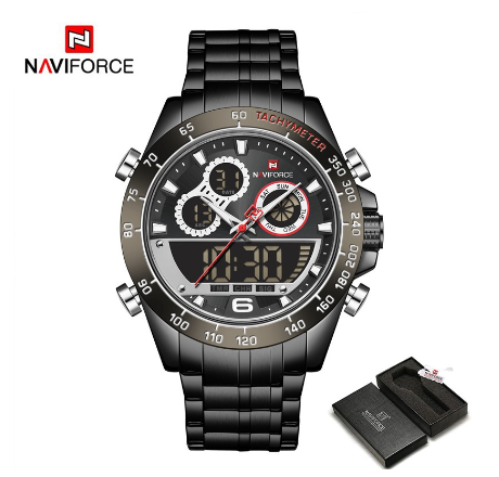 Naviforce NF9188 Men Luxury Gold For Digital Sport Chronograph Quartz Military Steel Band Waterproof Wristwatch BLACK