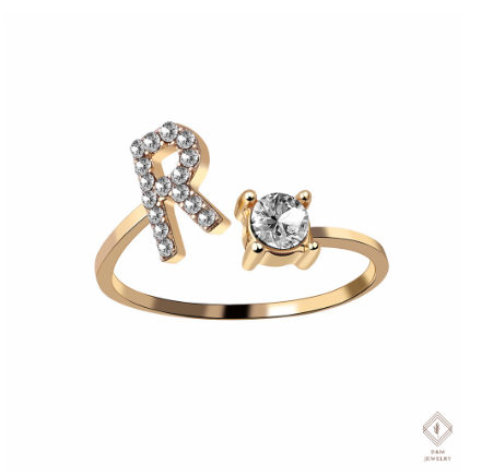 26 Letter Rings Cubic 14K Gold Promise Ring Diamond Ring Wedding 925 Silver Ring Adjustable Size R